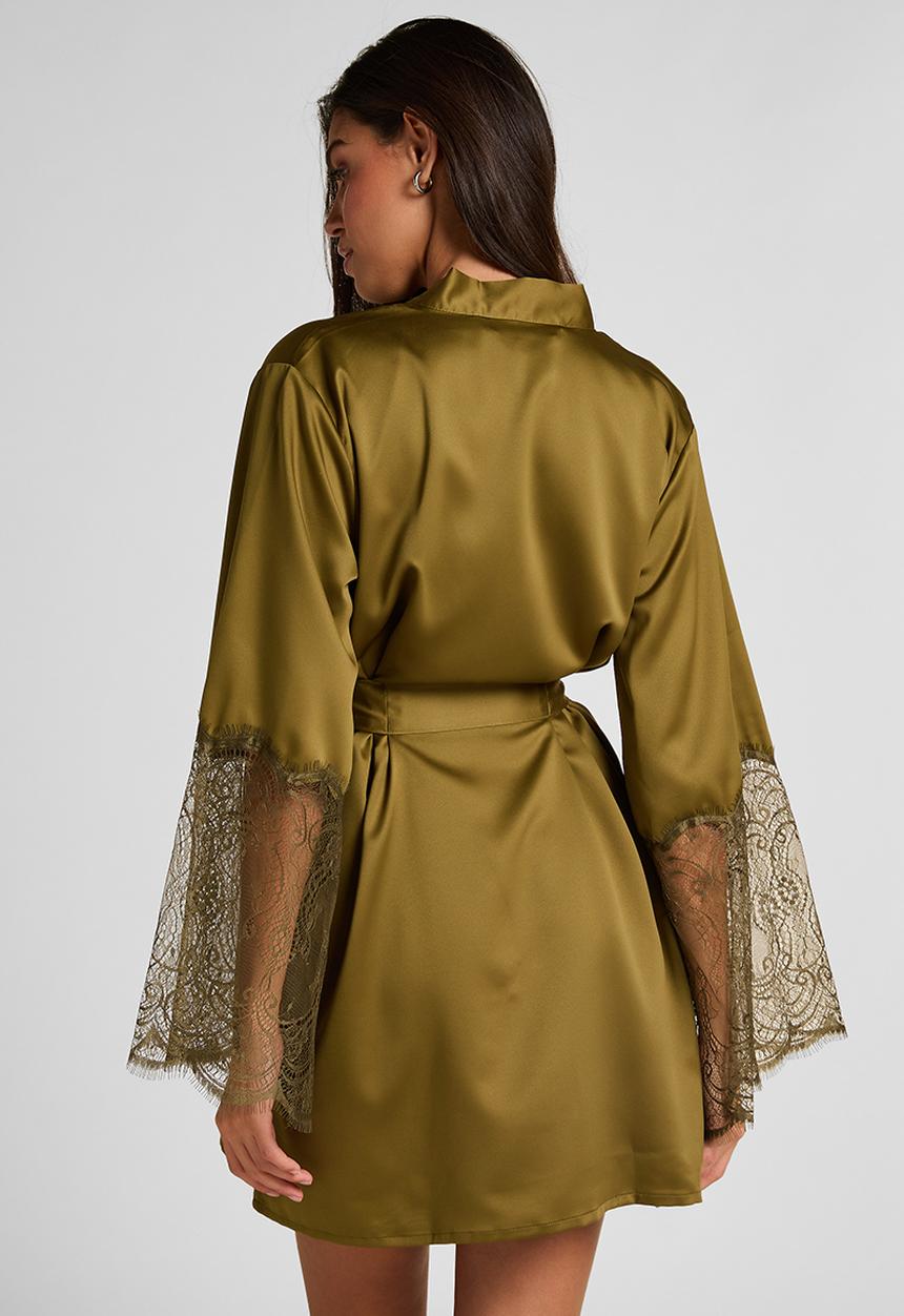 Hunkemoller - Kimono satin lace robe - olive drab