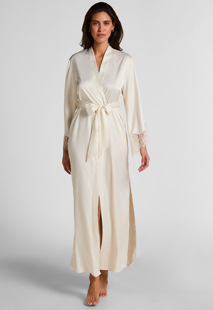 Hunkemoller - Kimono long satin lace robe - gardenia