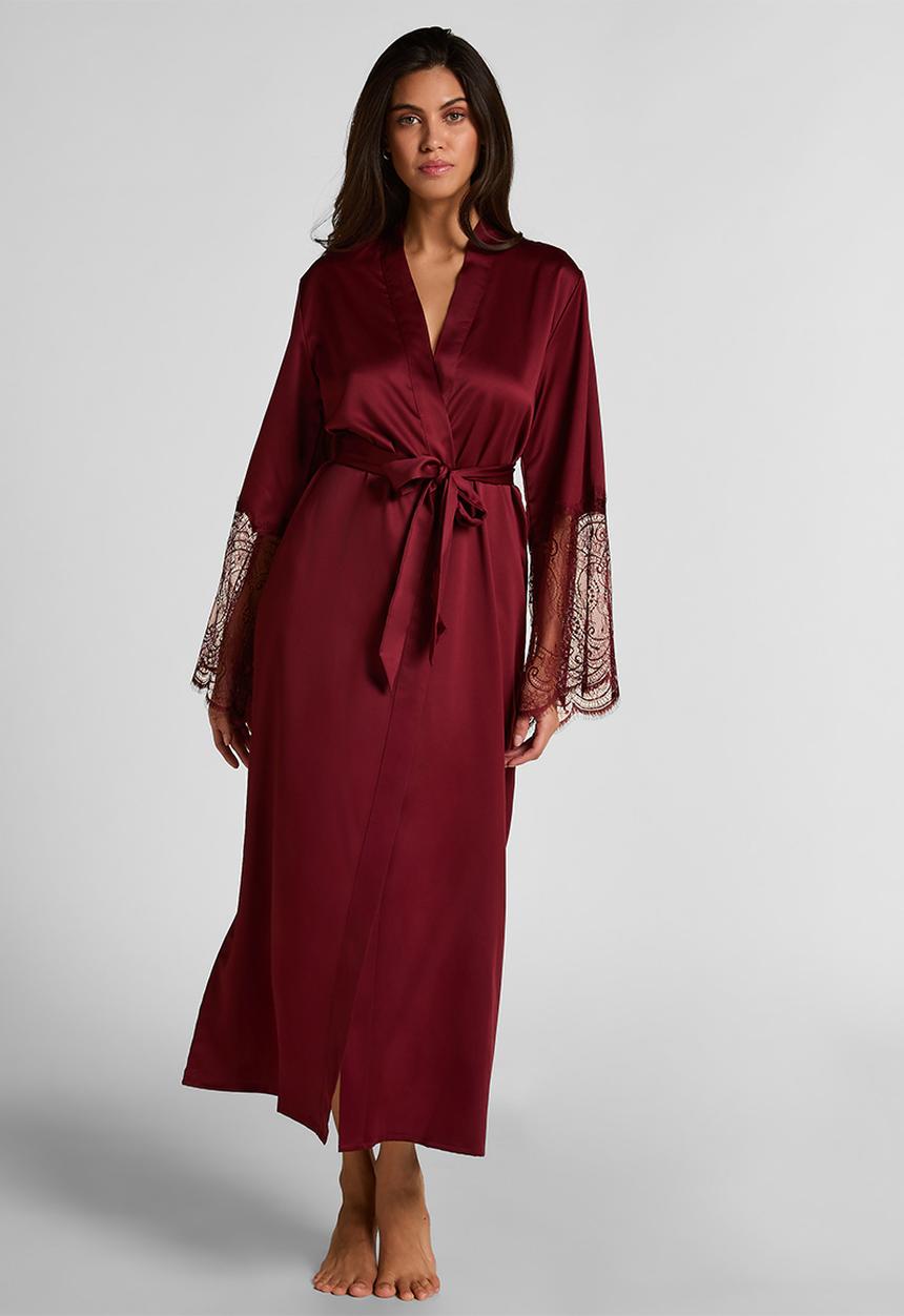 Hunkemoller - Kimono long satin lace robe - cabernet