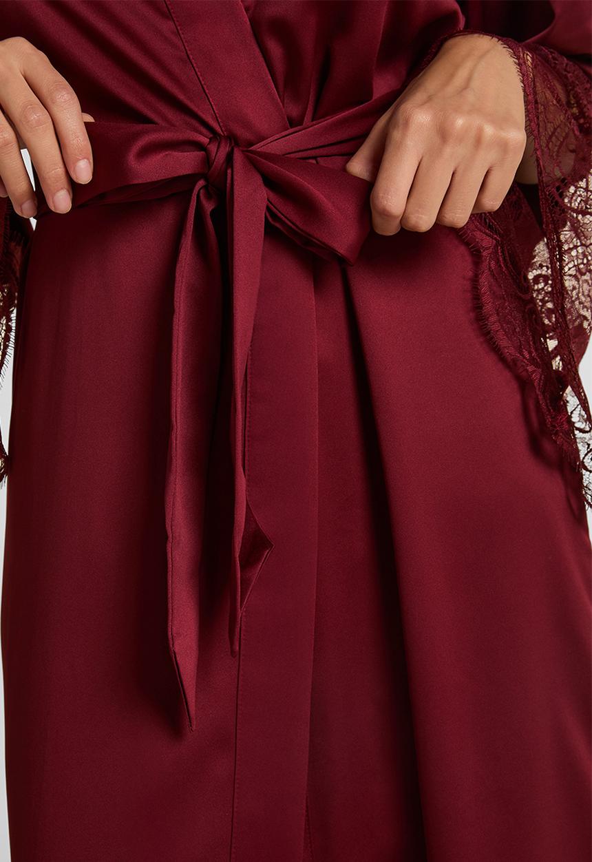 Hunkemoller - Kimono long satin lace robe - cabernet