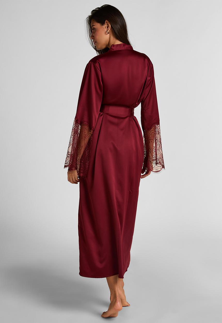 Hunkemoller - Kimono long satin lace robe - cabernet
