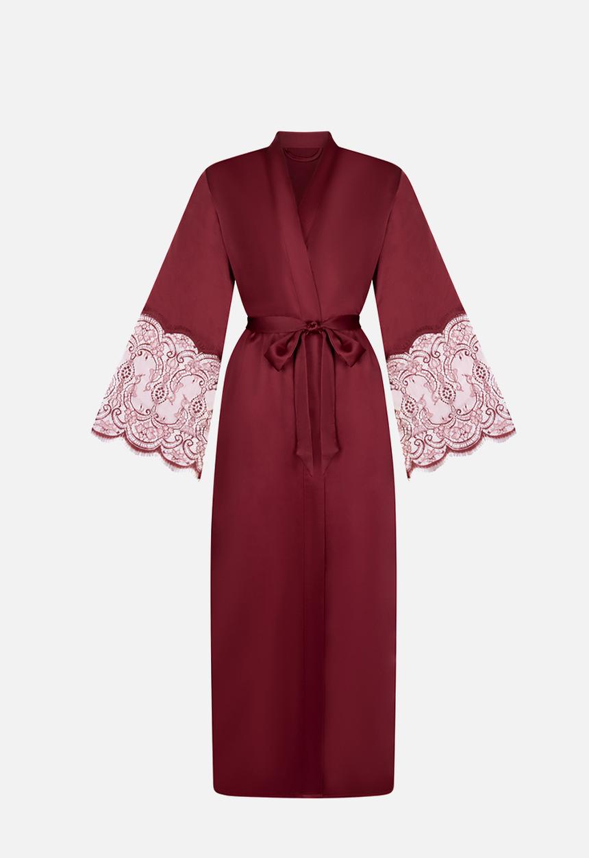 Hunkemoller - Kimono long satin lace robe - cabernet