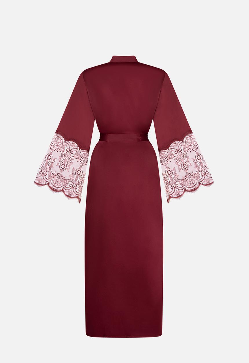 Hunkemoller - Kimono long satin lace robe - cabernet