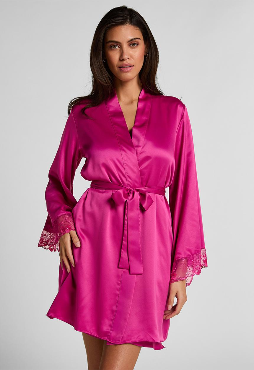Hunkemoller - Kimono satin lace peonie robe - rose violet