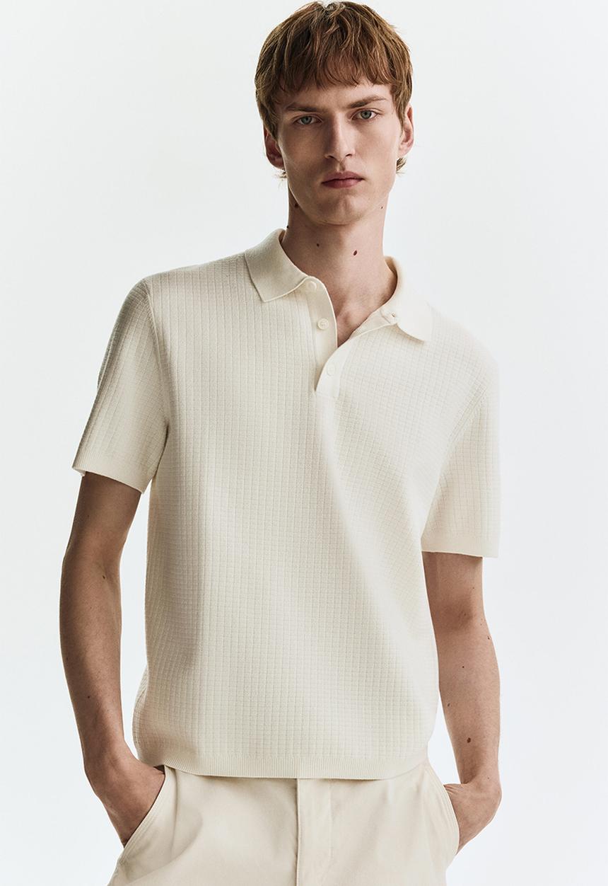 H&M - Regular fit textured-knit polo shirt - white