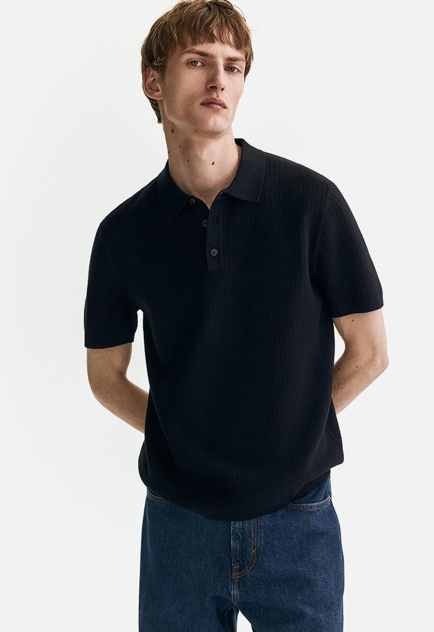 H&M - Regular fit textured-knit polo shirt - navy blue