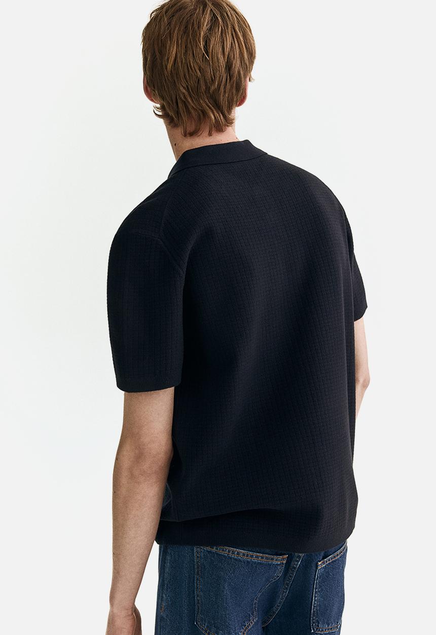 H&M - Regular fit textured-knit polo shirt - navy blue