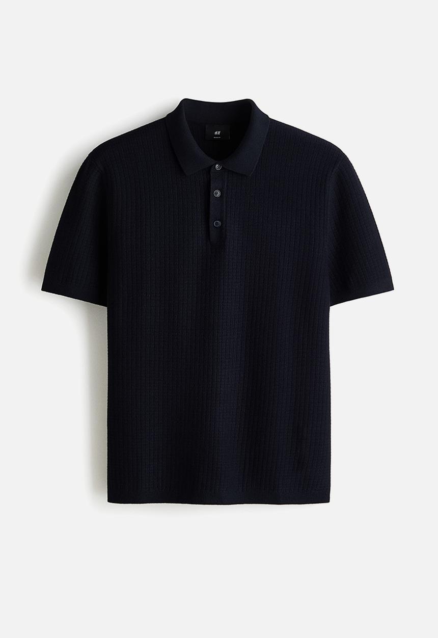 H&M - Regular fit textured-knit polo shirt - navy blue