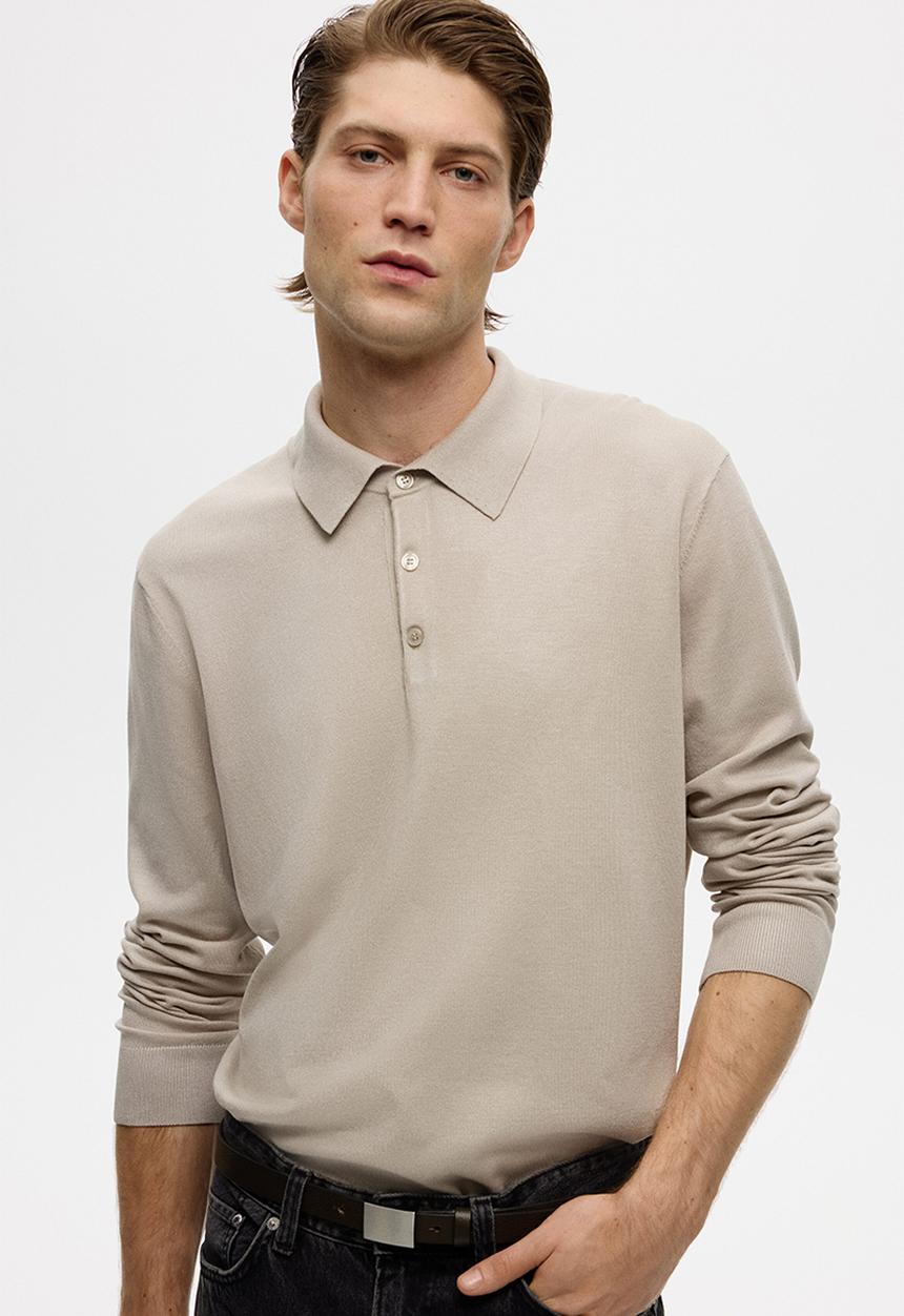 H&M - Regular fit fine-knit polo shirt - light beige