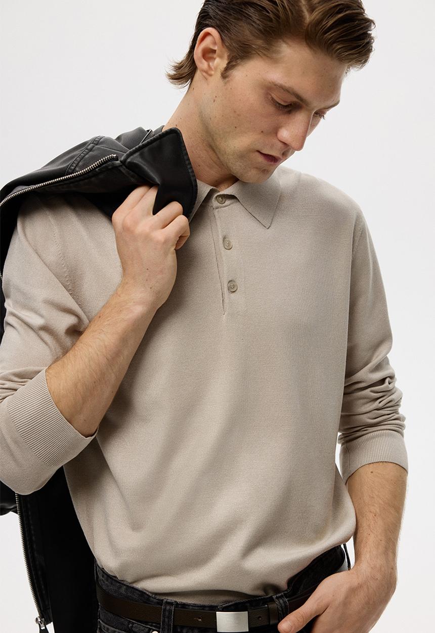 H&M - Regular fit fine-knit polo shirt - light beige