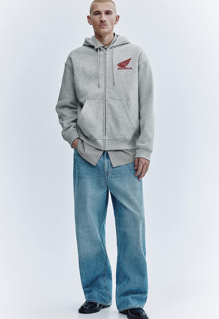 H&M - Loose fit printed zip-through hoodie - light grey marl/honda