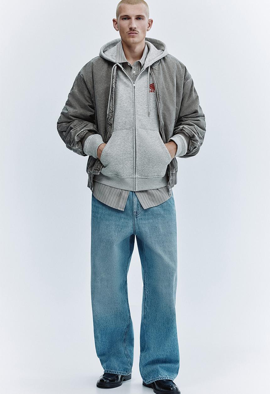 H&M - Loose fit printed zip-through hoodie - light grey marl/honda
