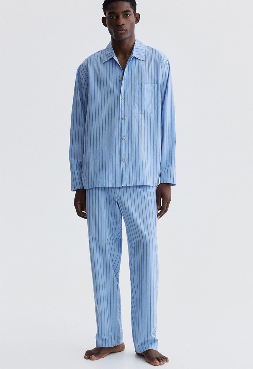 H&M - Loose fit cotton pyjama shirt - light blue/striped
