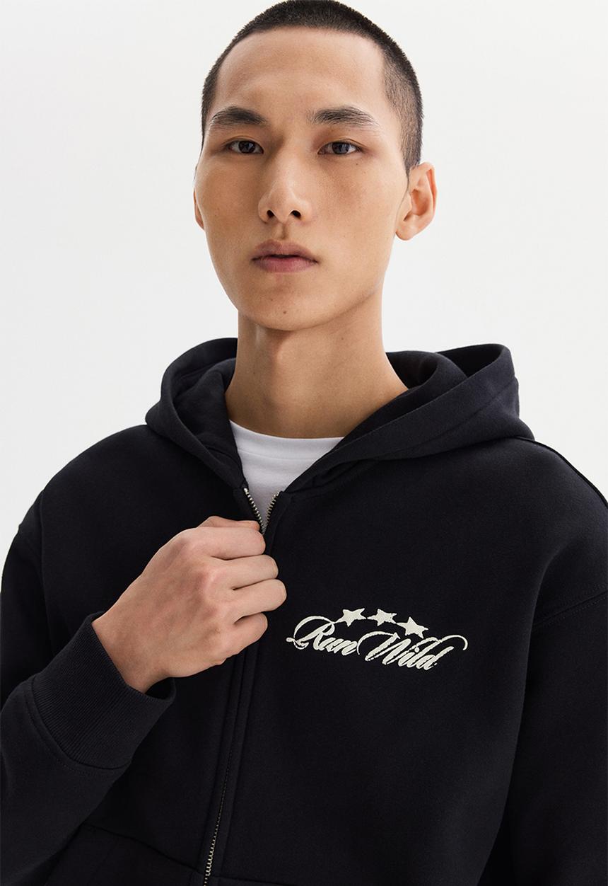 H&M - Loose fit boxy zip-through hoodie - black/run wild