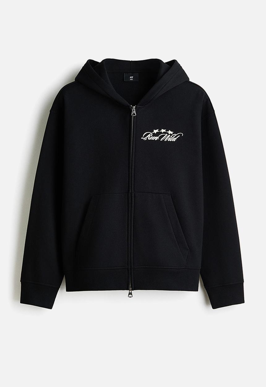H&M - Loose fit boxy zip-through hoodie - black/run wild