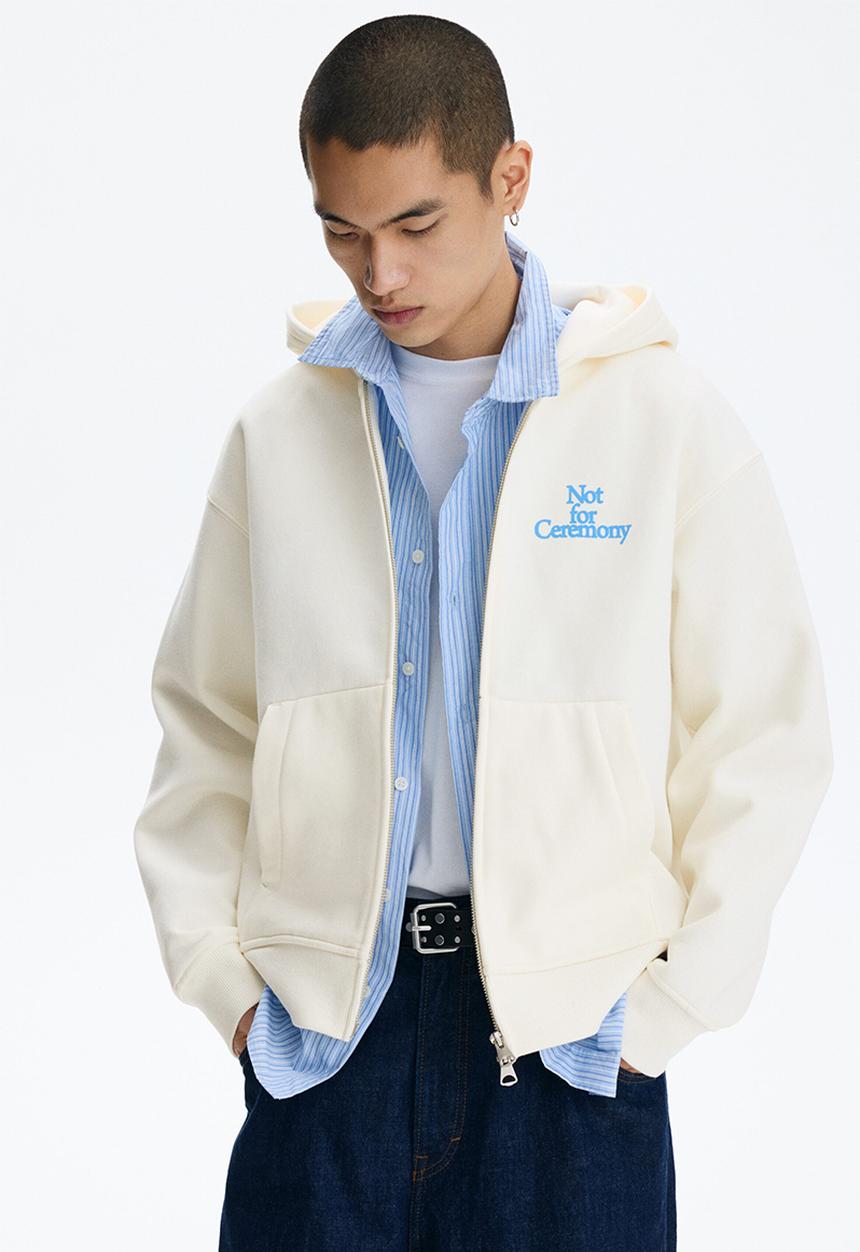 H&M - Loose fit boxy zip-through hoodie - white/not for ceremony