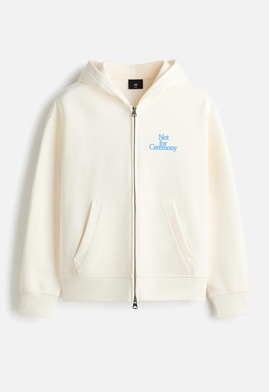 H&M - Loose fit boxy zip-through hoodie - white/not for ceremony