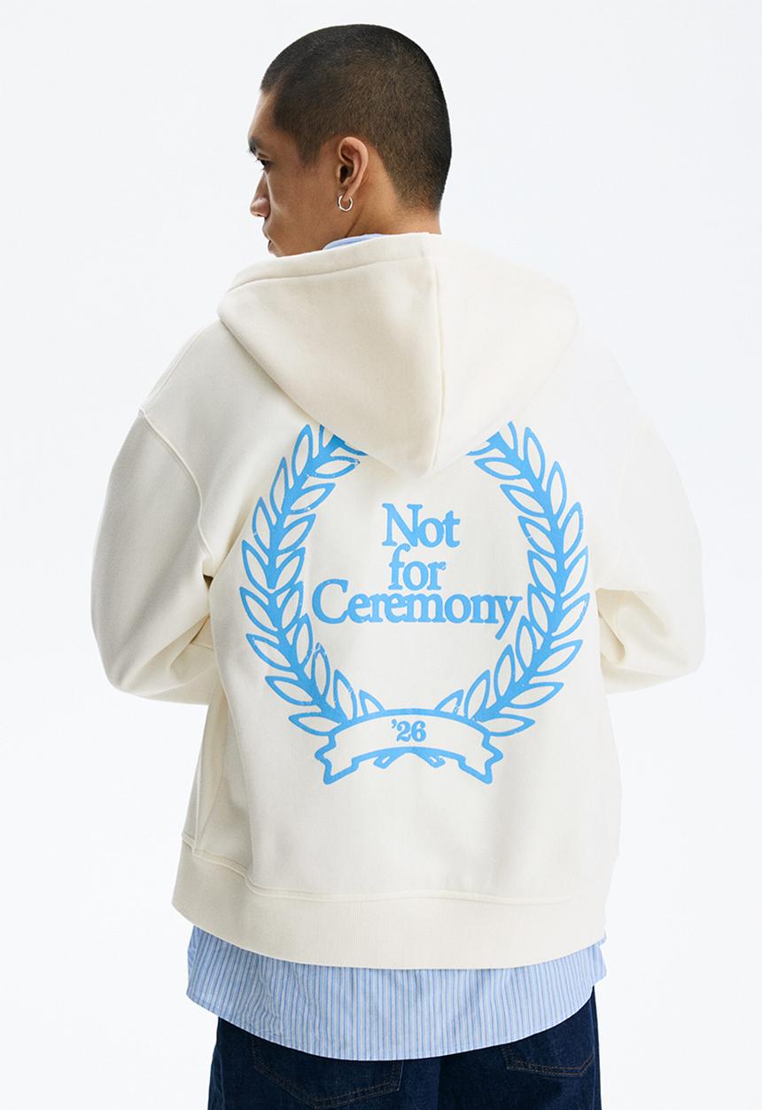 H&M - Loose fit boxy zip-through hoodie - white/not for ceremony