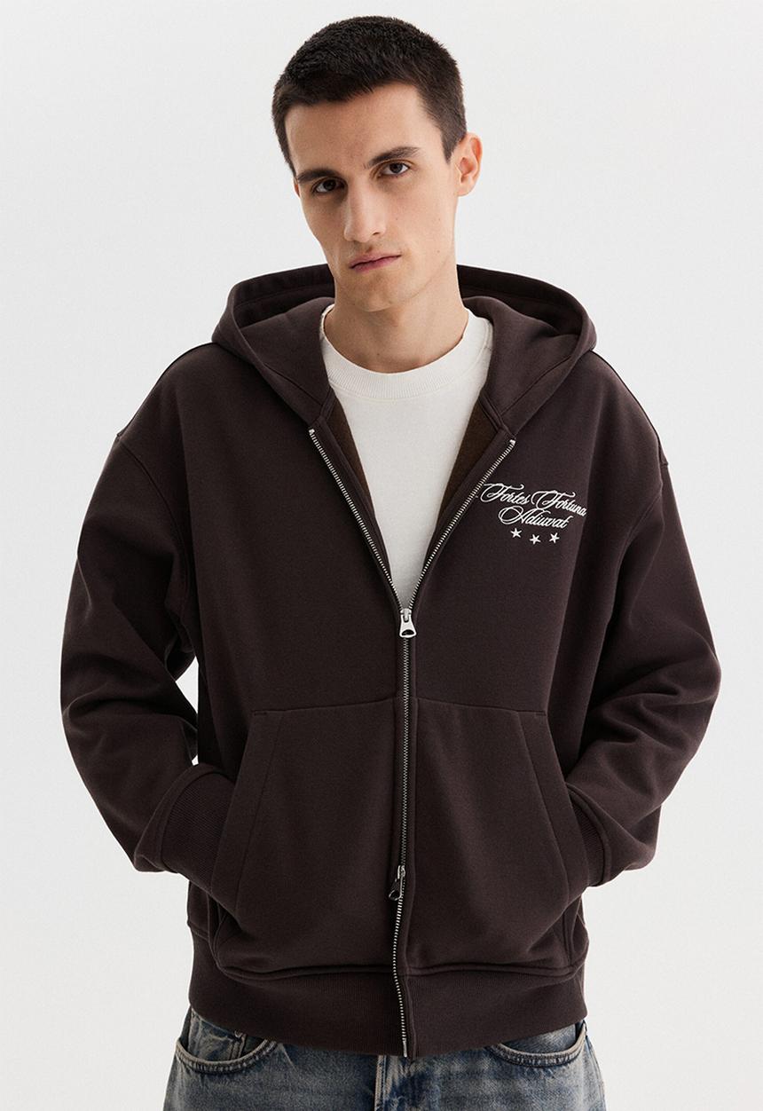 H&M - Loose fit boxy zip-through hoodie - dark brown/fortes fortuna