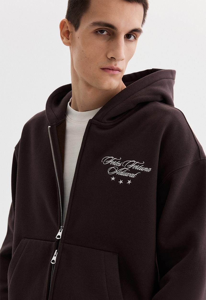 H&M - Loose fit boxy zip-through hoodie - dark brown/fortes fortuna