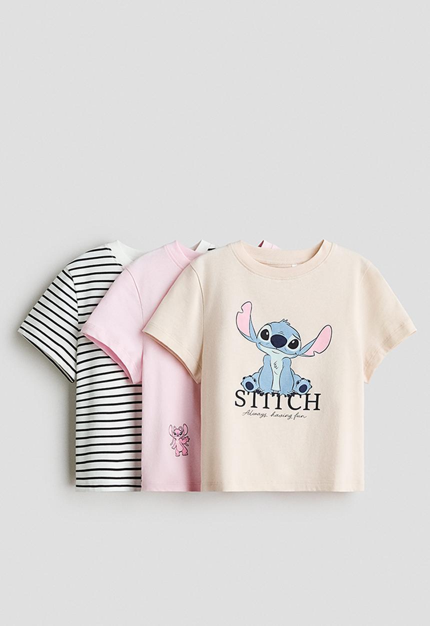 H&M - 3-pack printed jersey tops - beige/lilo & stitch