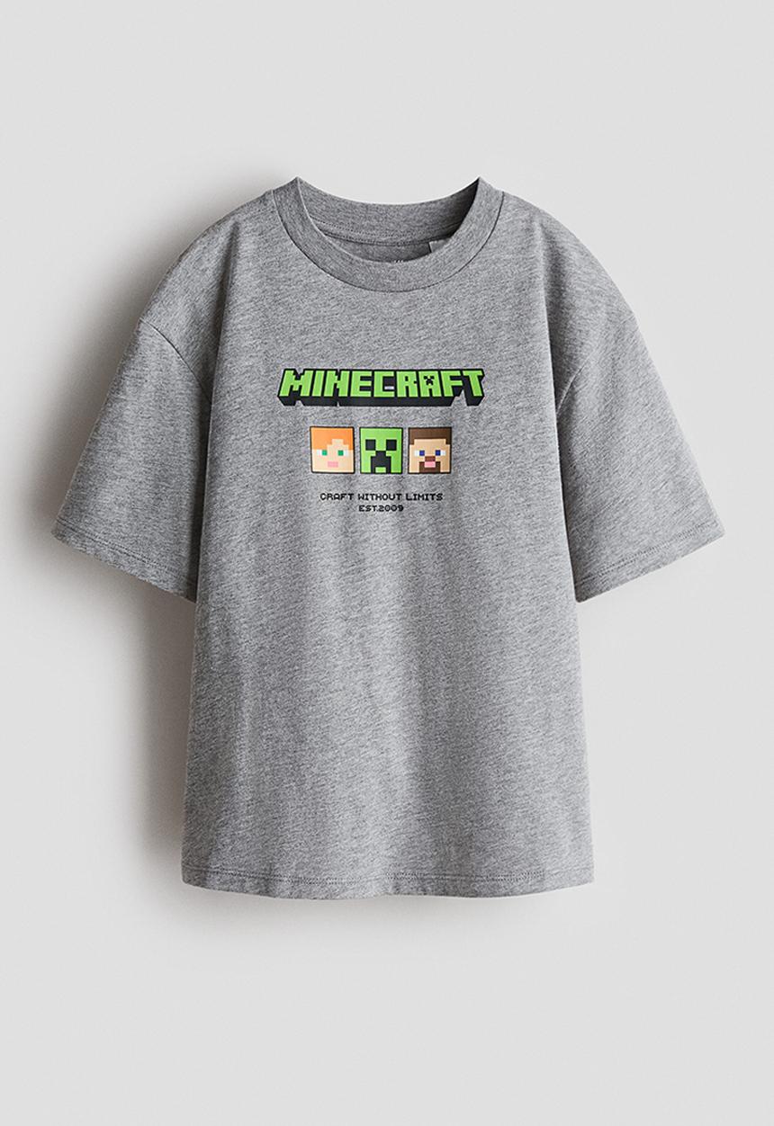 H&M - Oversized printed T-shirt - grey marl/minecraft