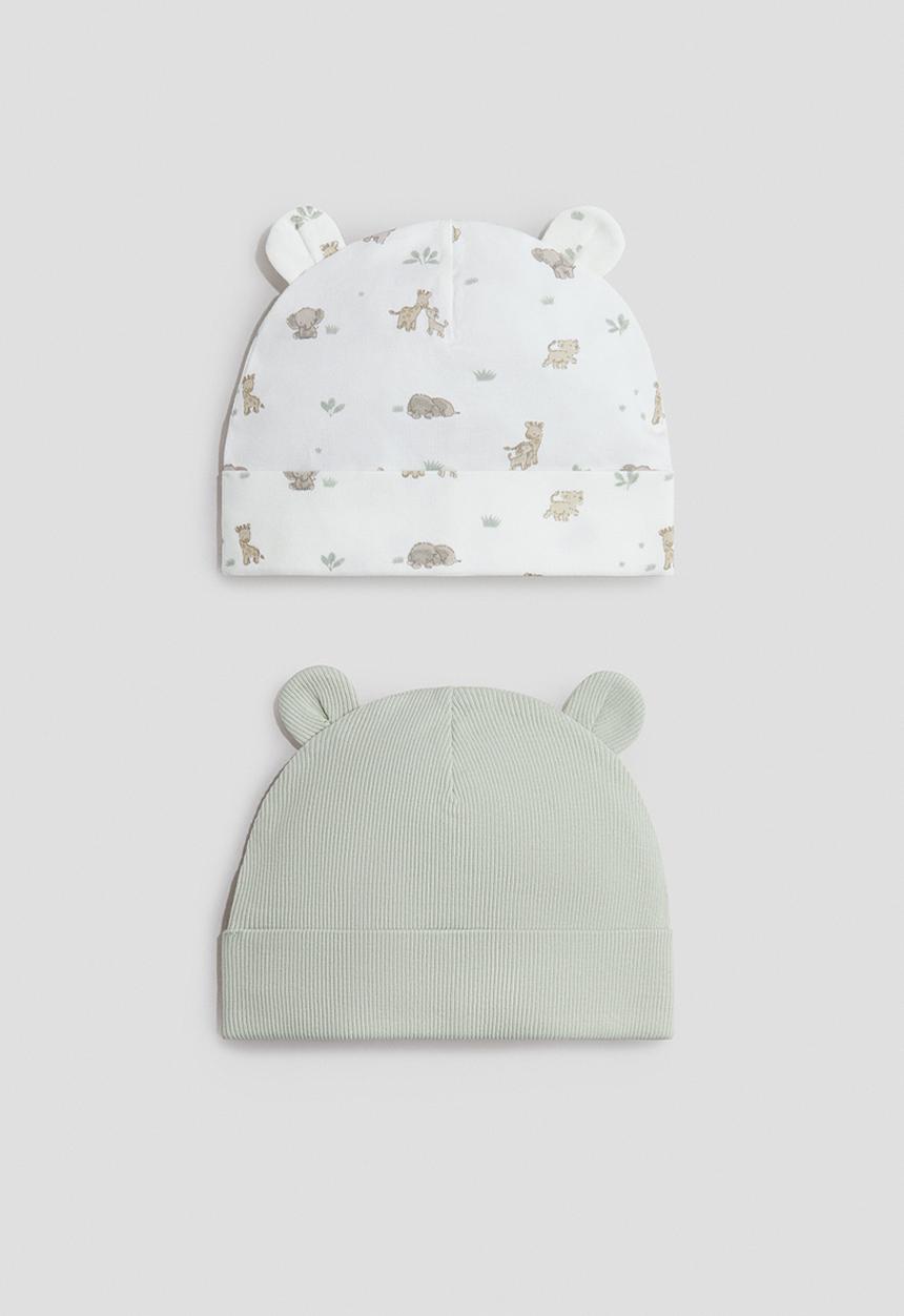 H&M - 2-pack ribbed ear-detail beanies - light green/animals