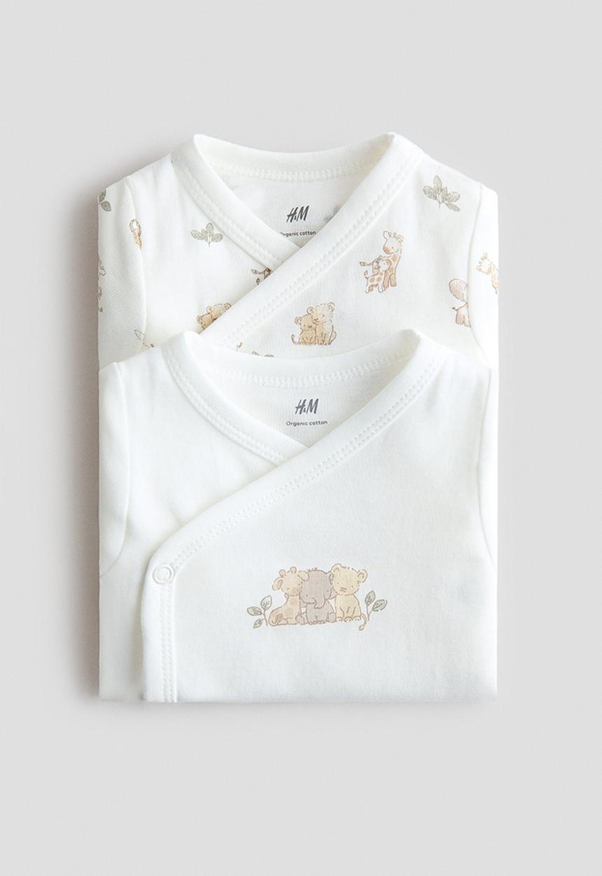 H&M - 2-pack wrapover bodysuits - white/animals
