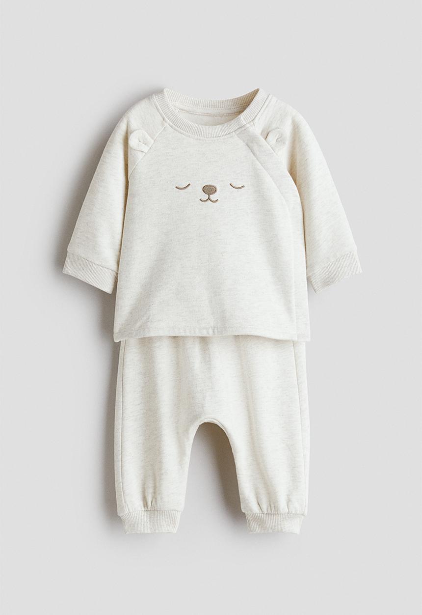 H&M - 2-piece printed cotton set - light beige/bear