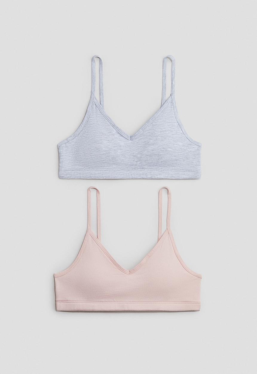 H&M - 2-pack padded crop tops - light pink/light grey marl