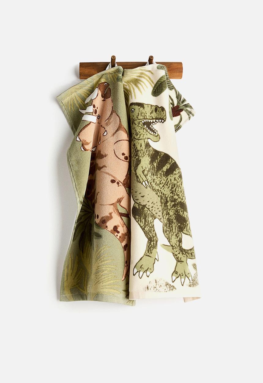 H&M - 2-pack print-motif guest towels - beige/dinosaurs