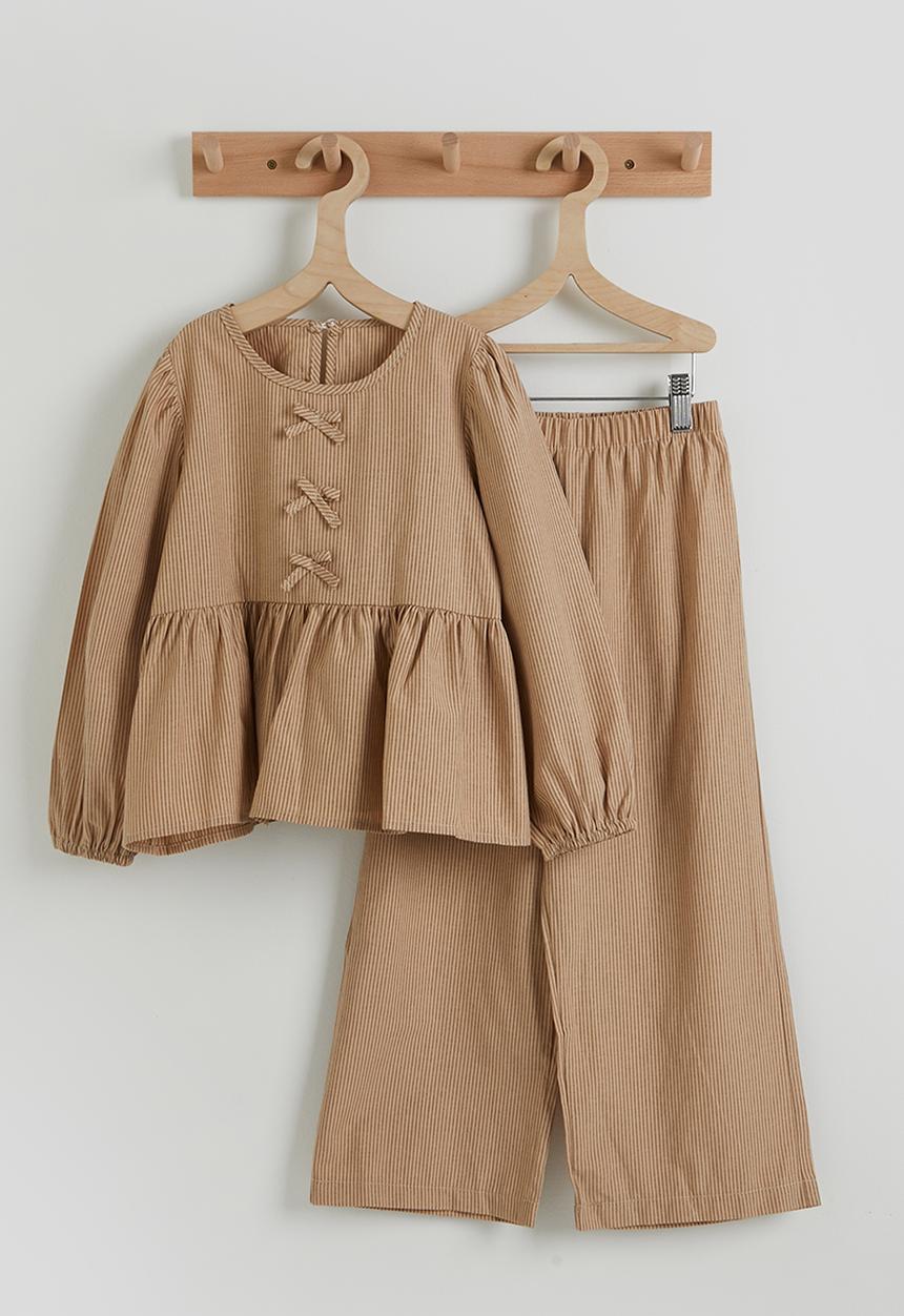 Pop Candy - Striped bow detail blouse with elasticated pants - wheat brown