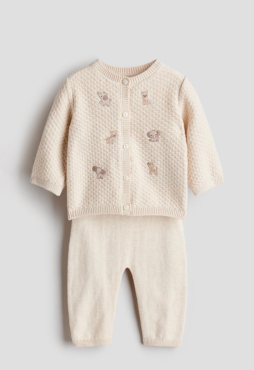 H&M - 2-piece embroidery-detail cotton set - light beige/animals