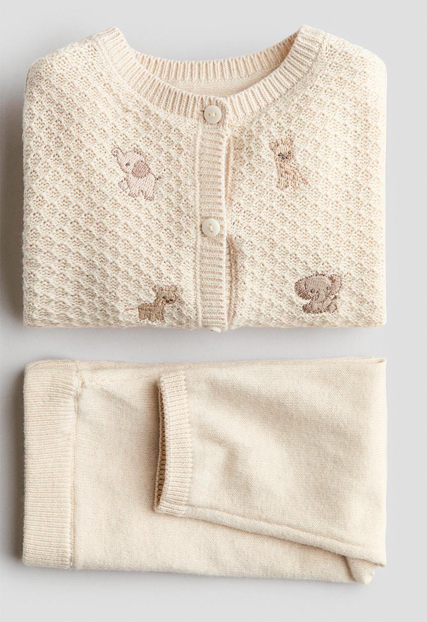 H&M - 2-piece embroidery-detail cotton set - light beige/animals
