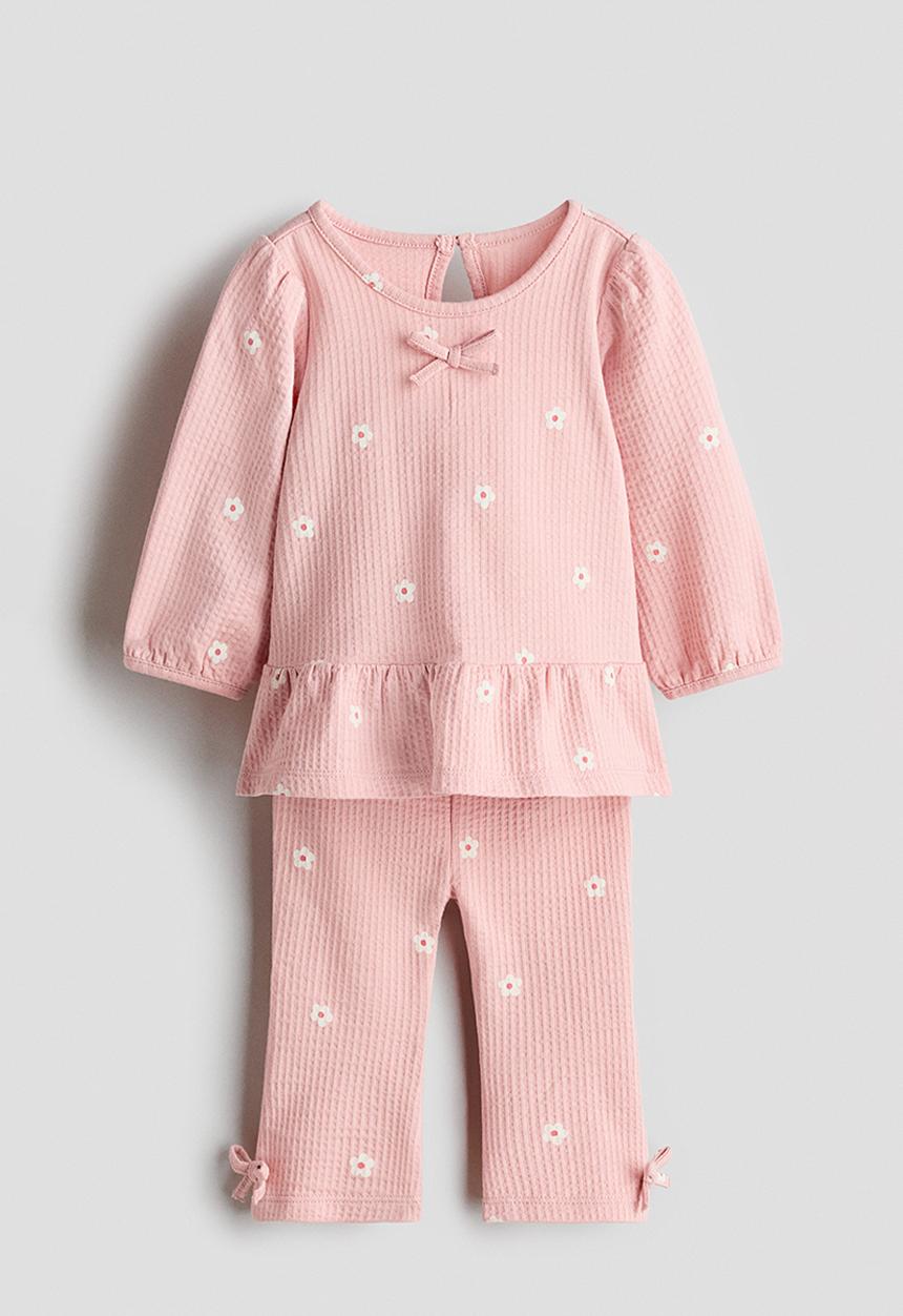 H&M - 2-piece waffled cotton set - light pink/floral