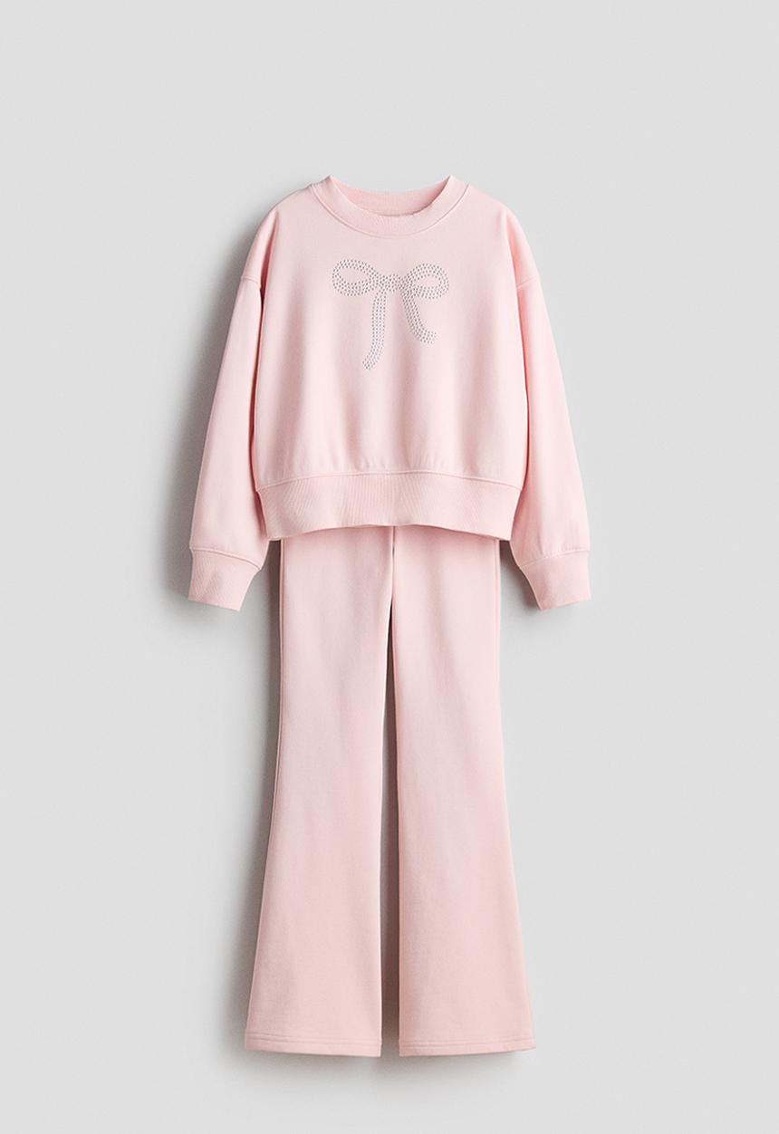 H&M - 2-piece sweatshirt and joggers set - light pink/bow
