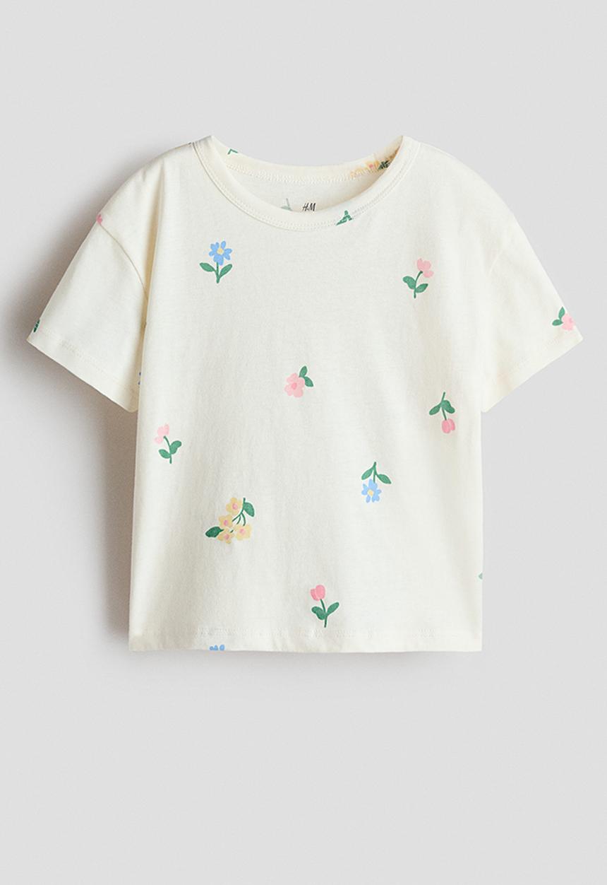 H&M - Printed cotton t-shirt - cream/flowers