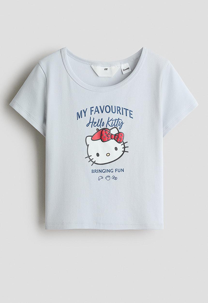 H&M - Print-motif cotton jersey top - light blue/hello kitty