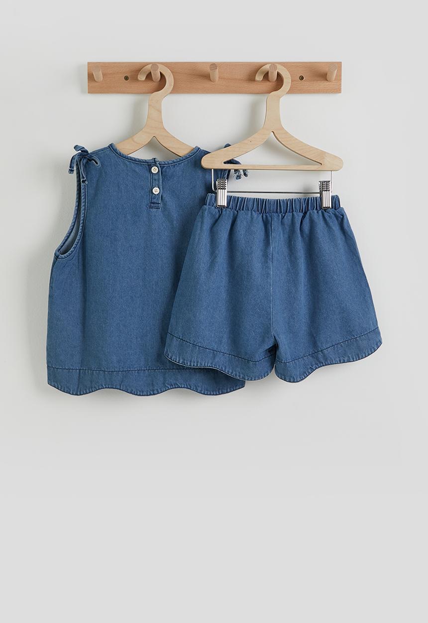 Pop Candy - Denim scallop edge blouse and shorts - blue