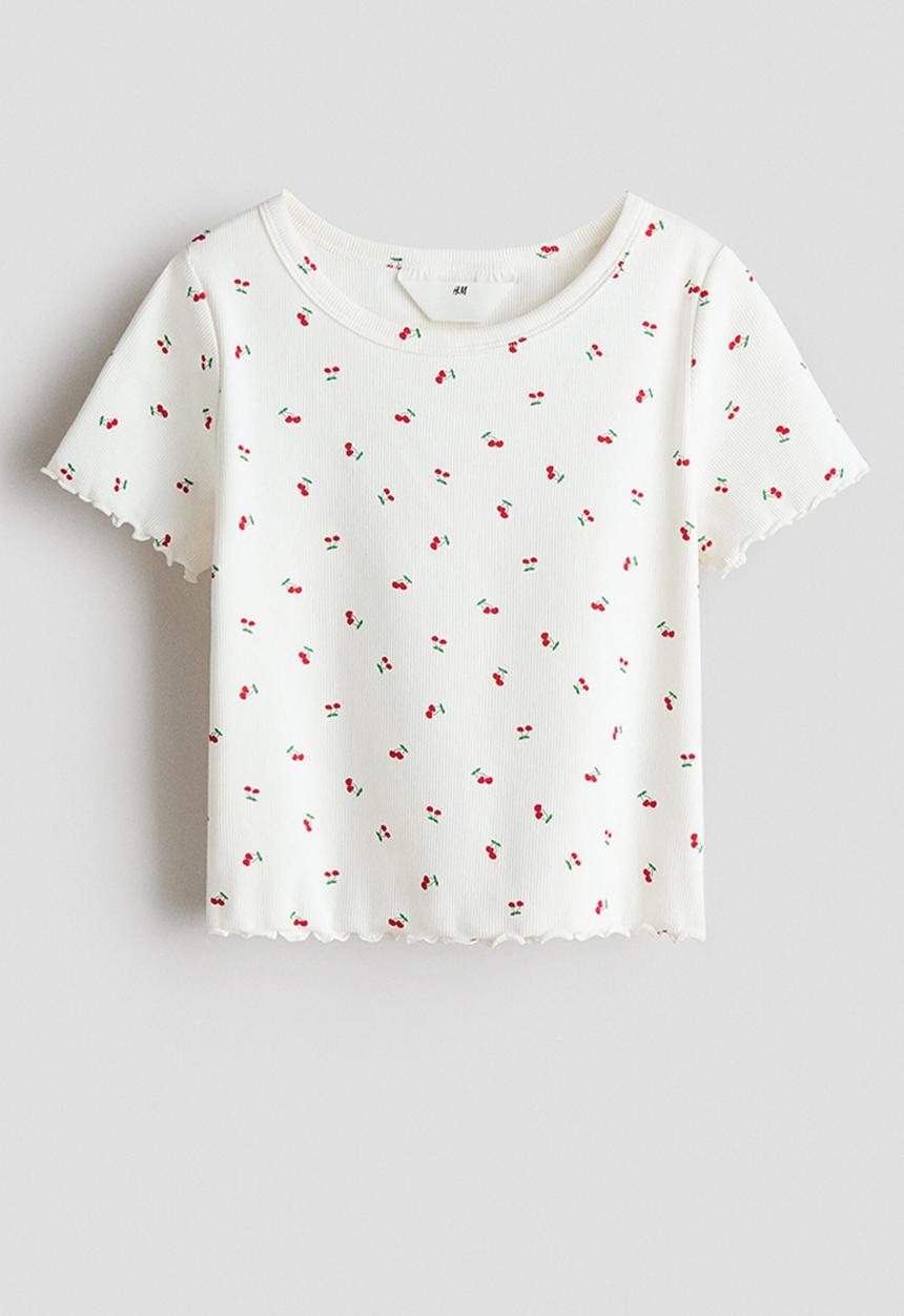 H&M - Ribbed jersey top - cream/cherries