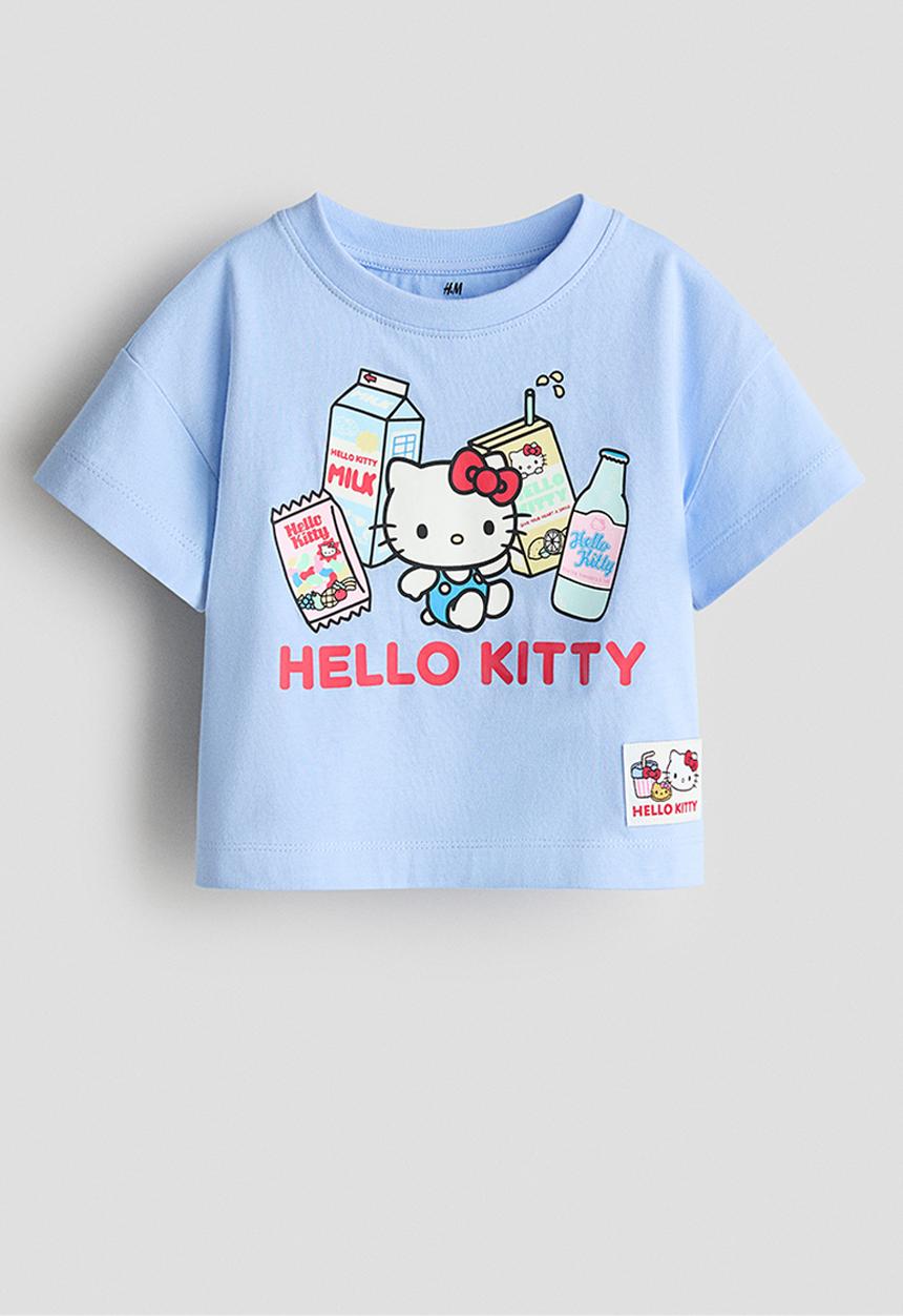 H&M - Loose-fit printed t-shirt - light blue/hello kitty