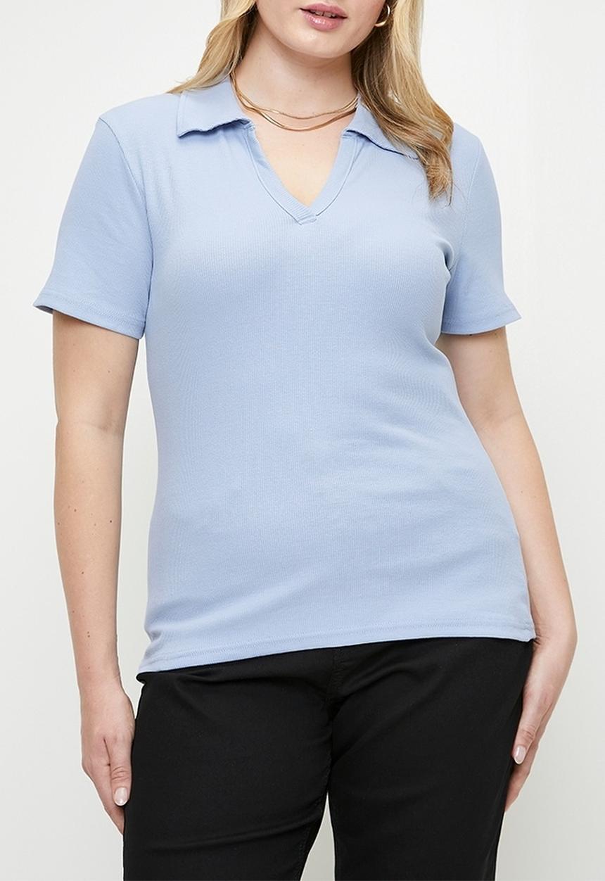 Trendyol - Plus size polo neck bodysitting ribbed knitted blouse - blue