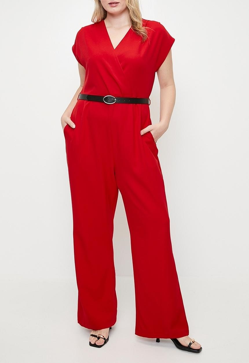 Trendyol - Plus size belted double breasted collar plus size woven jumpsuit  - red
