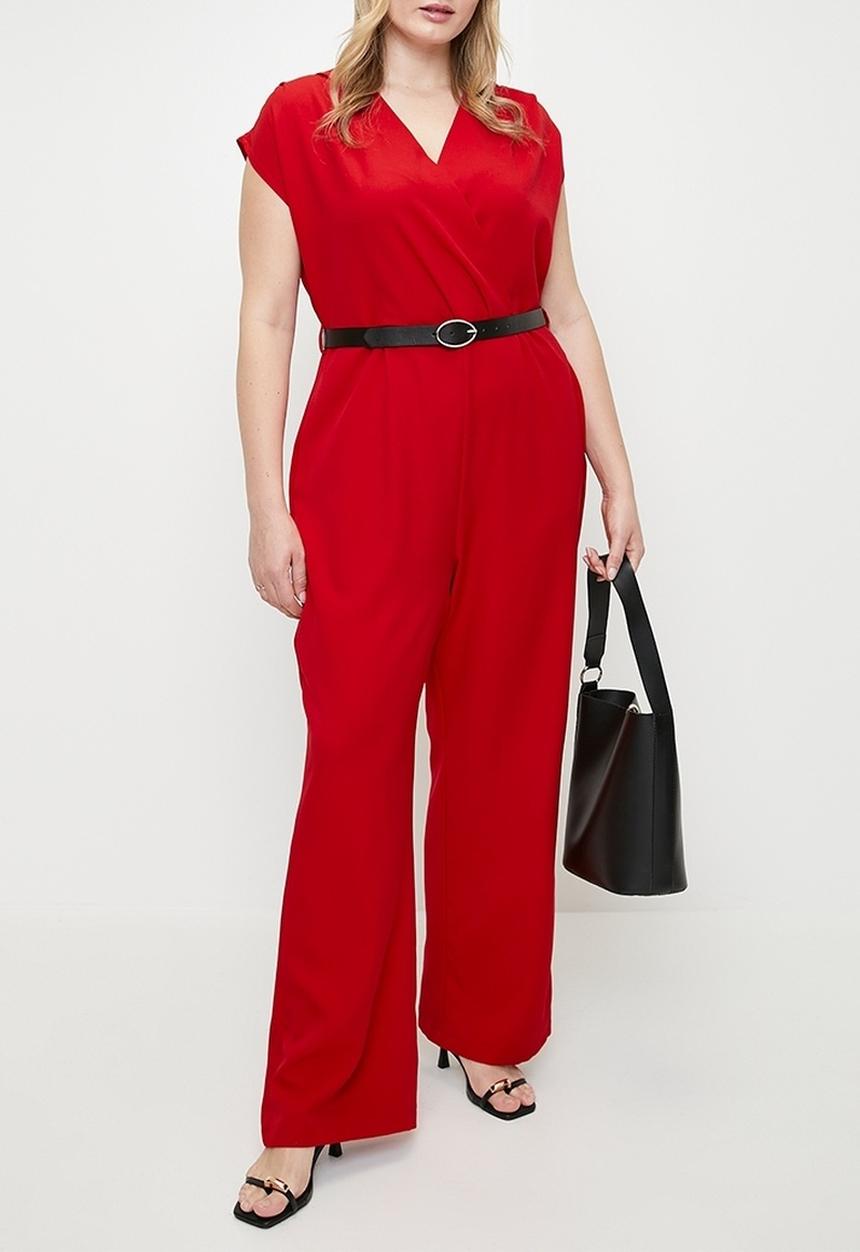 Trendyol - Plus size belted double breasted collar plus size woven jumpsuit  - red