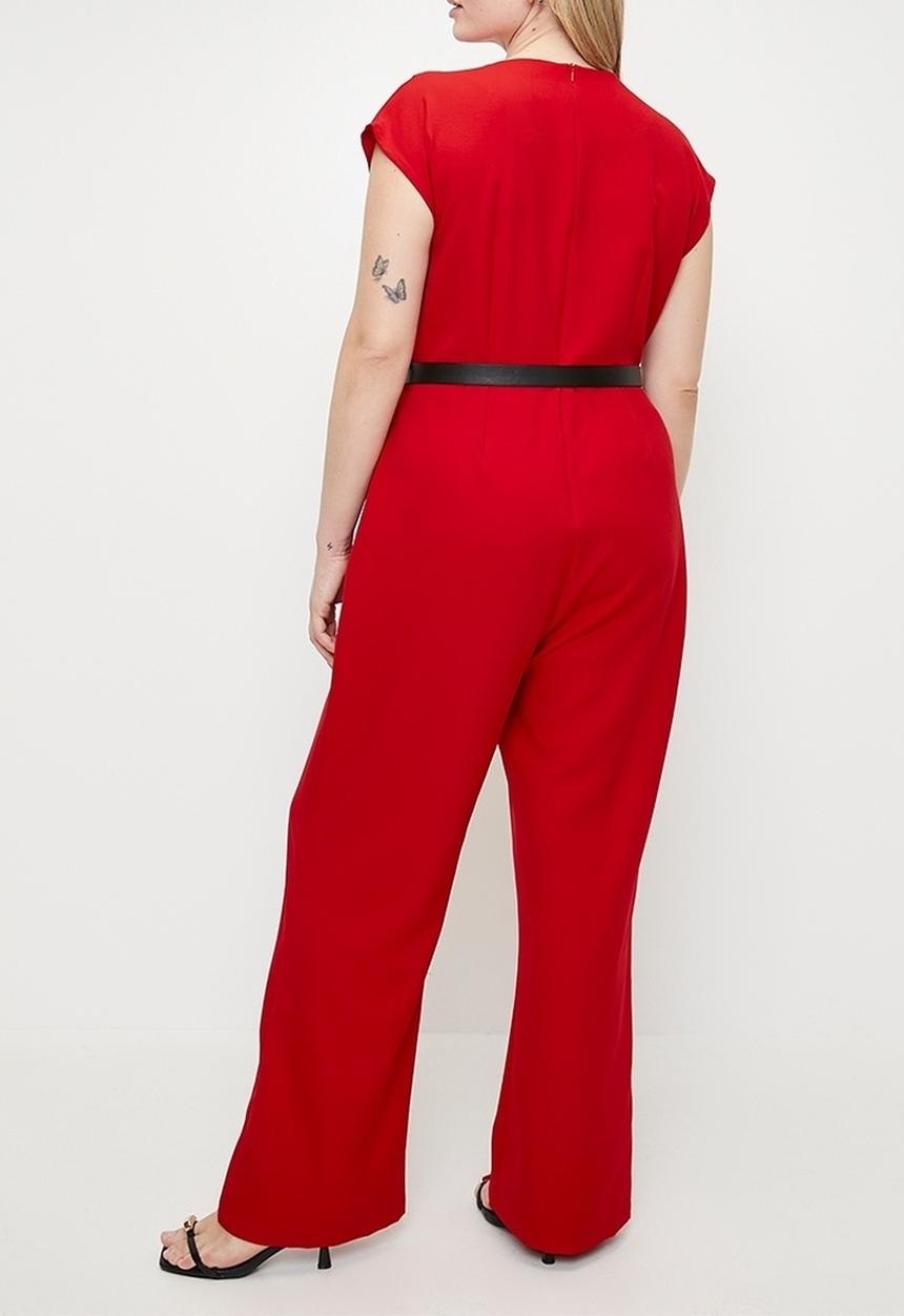 Trendyol - Plus size belted double breasted collar plus size woven jumpsuit  - red