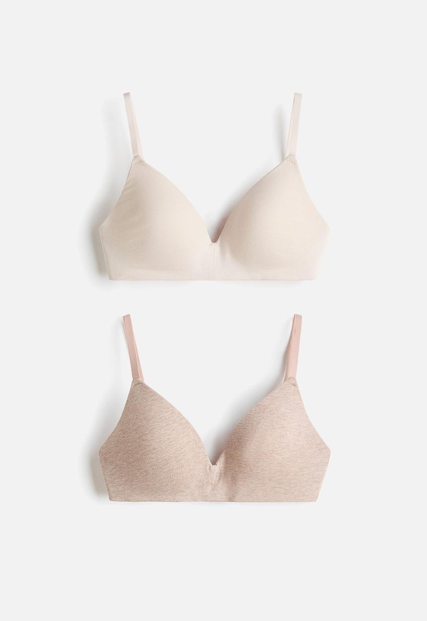 H&M - 2-pack padded non-wired cotton bras - light beige marl/cream