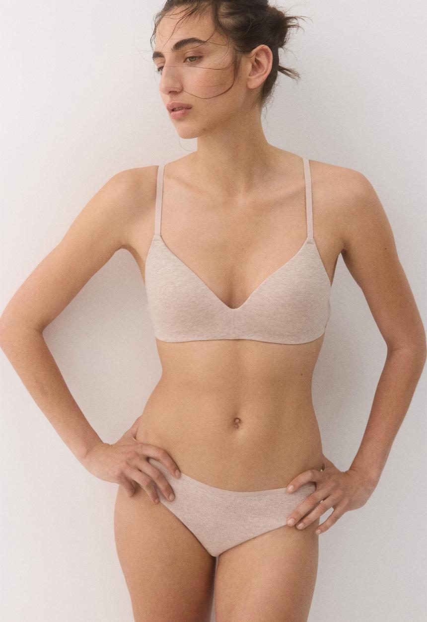 H&M - 2-pack padded non-wired cotton bras - light beige marl/cream