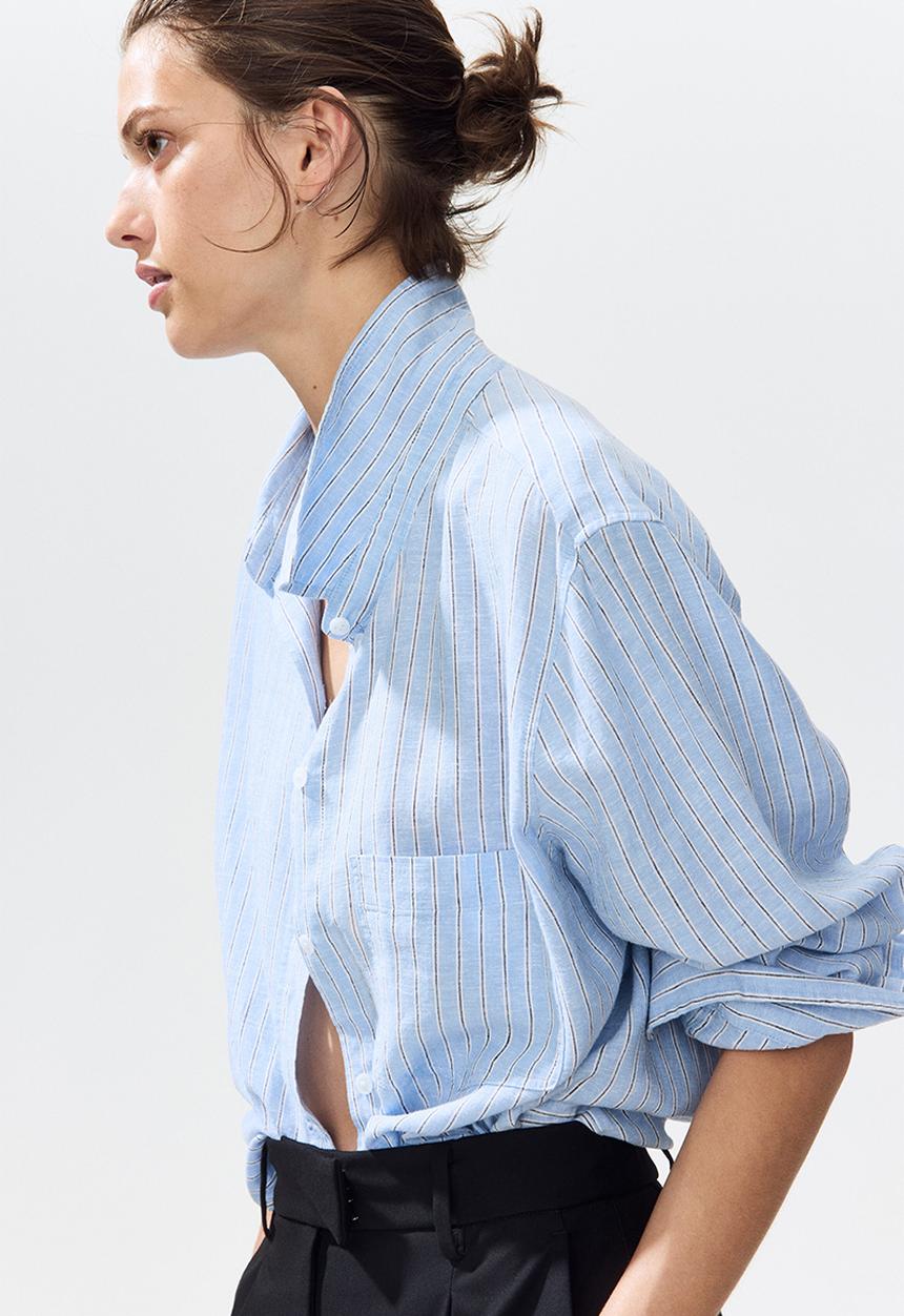 H&M - Linen-blend shirt - light blue/striped