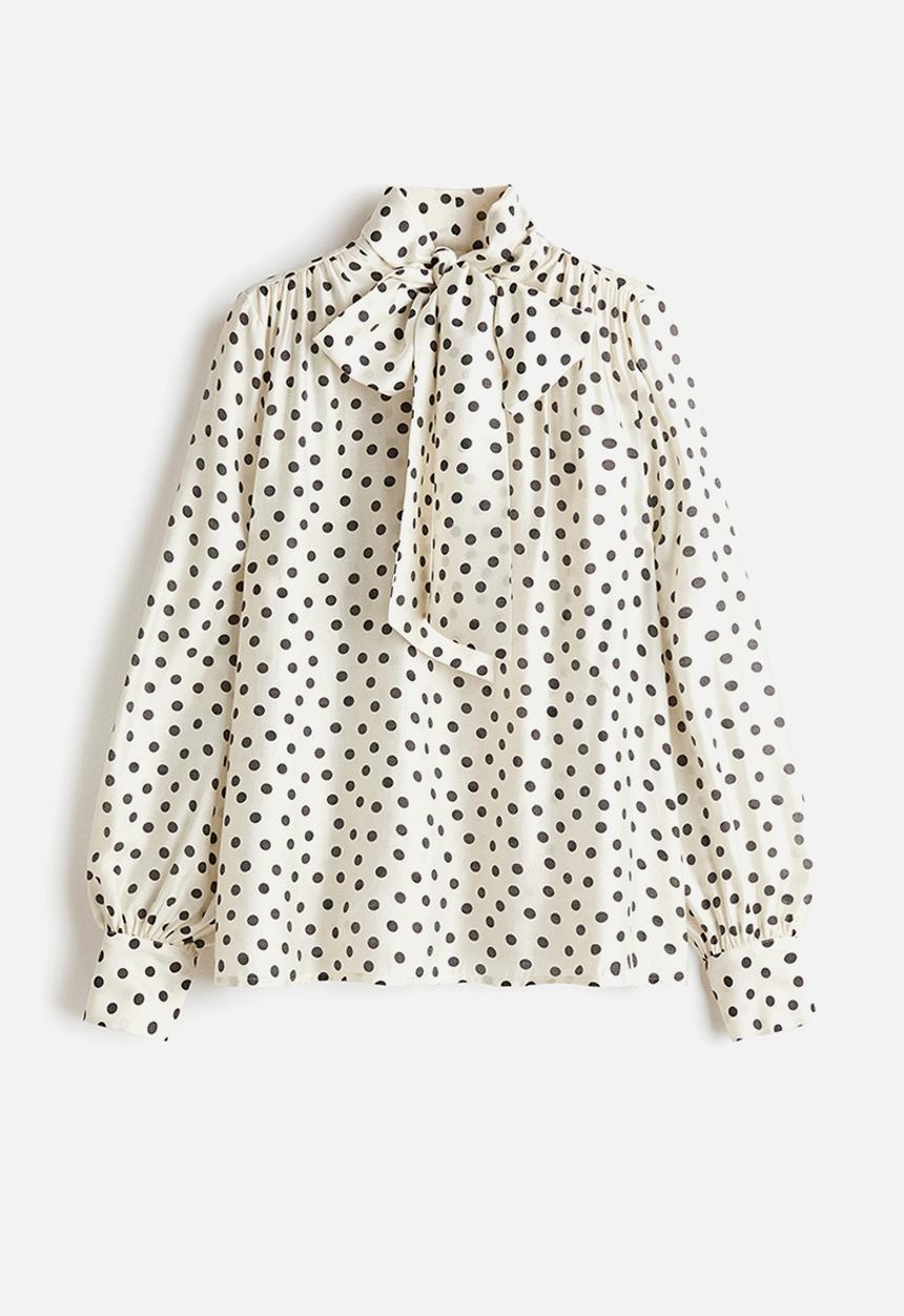 H&M - Tie-neck chiffon blouse - white/polka dot