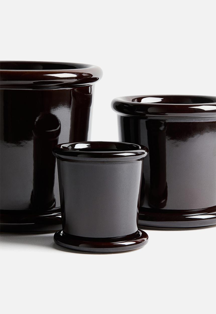 H&M - Extra-small stoneware plant pot with saucer - dark brown